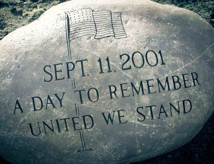 9-11 Memorial Etched into a Large Round Granite Rock 9-11 Memorial Etched into a Large Round Granite Rock