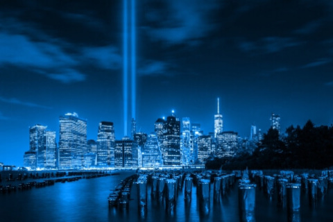 9/11 twin towers lights, NYC skyline