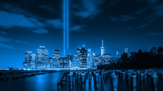 9/11 twin towers lights, NYC skyline