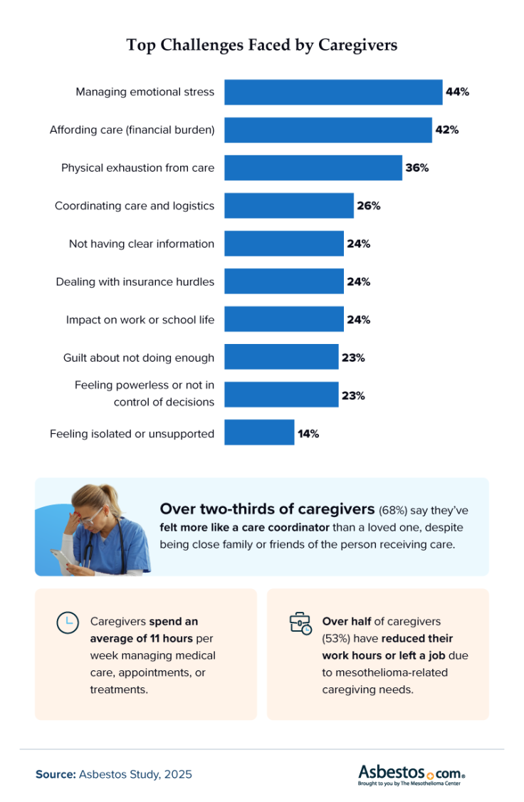 Infographic showing emotional, financial, and logistical challenges faced by mesothelioma caregivers.