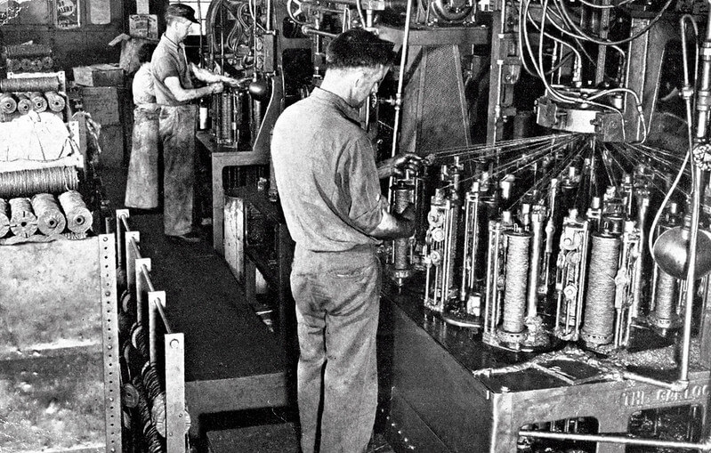 Vintage photogragh showing production of braided asbestos packing for the Garlock Packing Company
