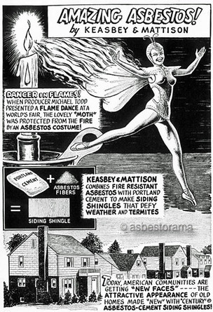 Vintage cartoon showing asbestos use in homes.