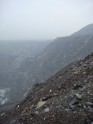 Partial view of eastern face of the LAB (Lake Asbestos Bell) open-pit asbestos mine located in Thetford Mines, Quebec, Canada.