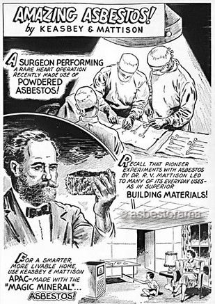 Vintage cartoon showing doctors using asbestos during surgery.