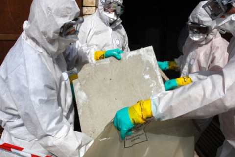 Asbestos removal workers in protective clothing