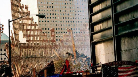 Steel skeleton of World Trade Center after 9/11