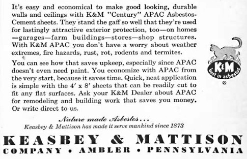 Vintage Keasbey & Mattison cartoon showing how its asbestos cement sheets can be easily cut.