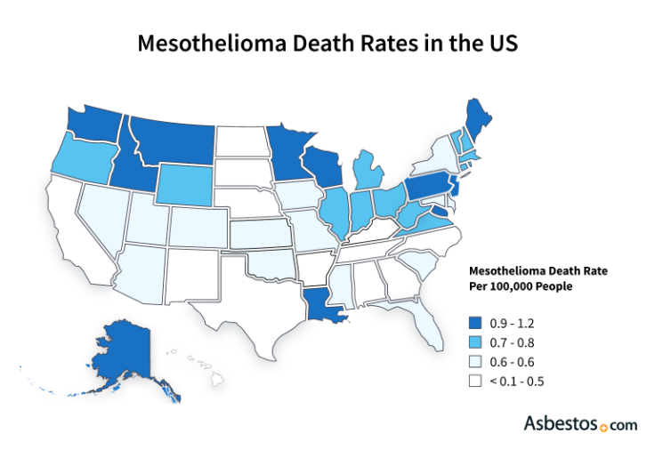 U.S. map showing mesothelioma death rates by state