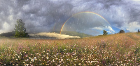 panorama of mountain meadows with rainbow