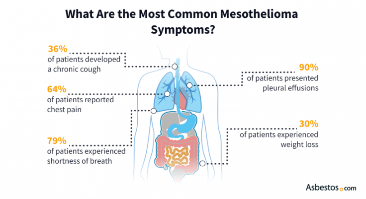 An illustration that depicts common symptoms of mesothelioma, what organs these symptoms effect, and the percentage of patients experiencing these symptoms.