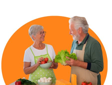 Elderly couple cooking in front of an orange circle.