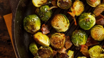 Roasted brussels sprouts in a skillet
