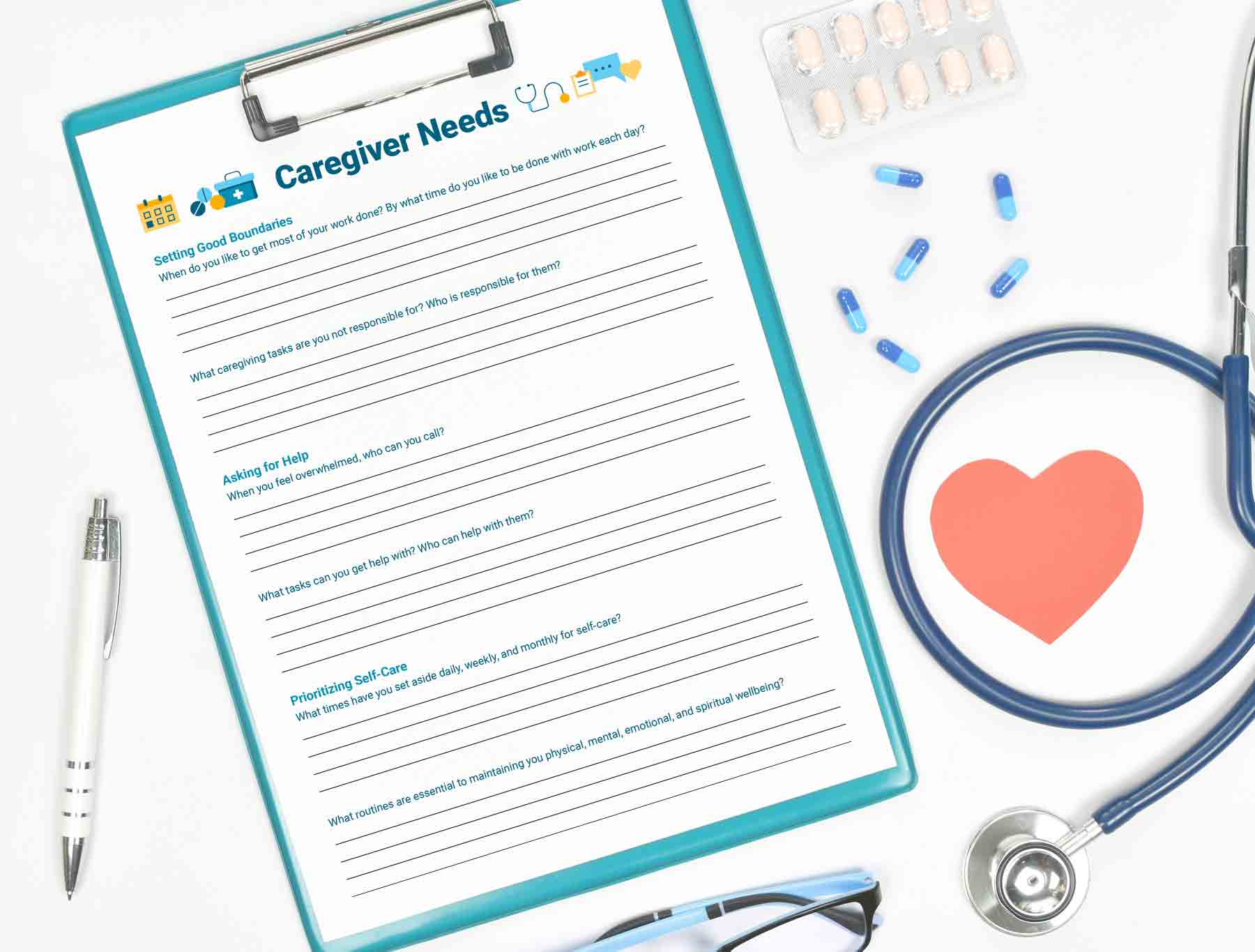 Caregiver Needs worksheet next to medical supplies