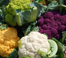 Different varieties of cauliflower, including white, purple, orange and yellow.