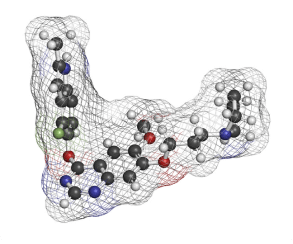 Molecular diagram of the composition of cediranib: C25H27FN4O3.