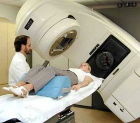 Patient receiving external beam radiation in a linear accelerato