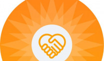 Round orange partnership logo with clasped hands