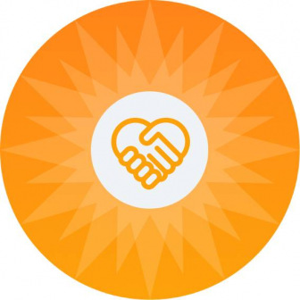 Round orange partnership logo with clasped hands