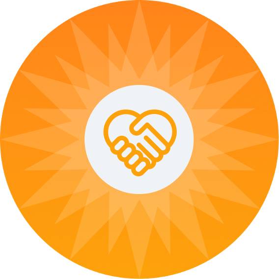 Round orange partnership logo with clasped hands