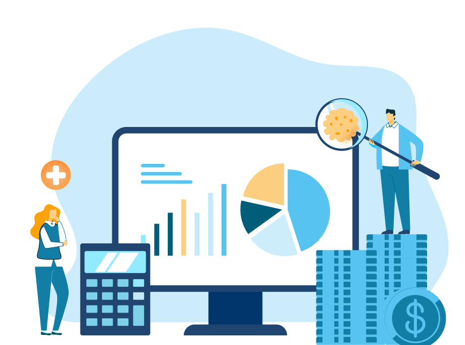 Illustration showing currency, health data and a calculator