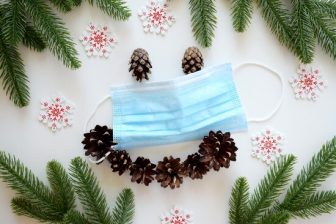 medical mask with snowflakes, pine cones and fir branches