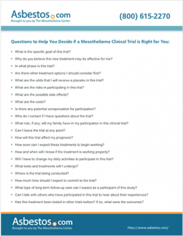 List of questions to help determine if a mesothelioma clinical trial is right for patients.