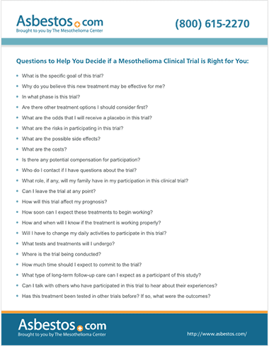 List of questions to help determine if a mesothelioma clinical trial is right for patients.