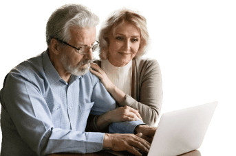 elderly couple watching informational videos together online