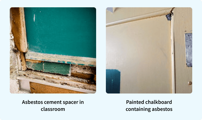 Asbestos-cement spacer behind a classroom chalkboard and Chalkboard containing asbestos that has been painted