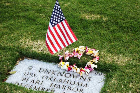 Flag at Pearl Harbor grave marker