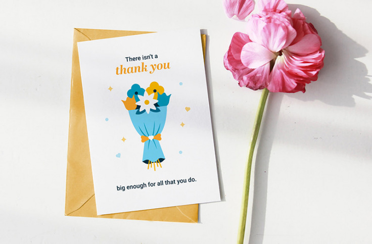 Downloadable thank you card for caregiver with a bouquet of flowers