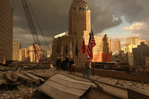 NYC Ground Zero with flags