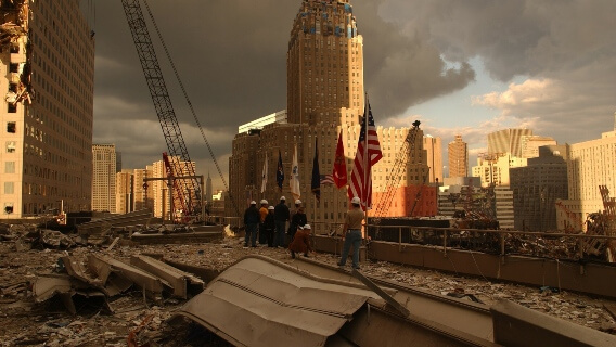 NYC Ground Zero with flags