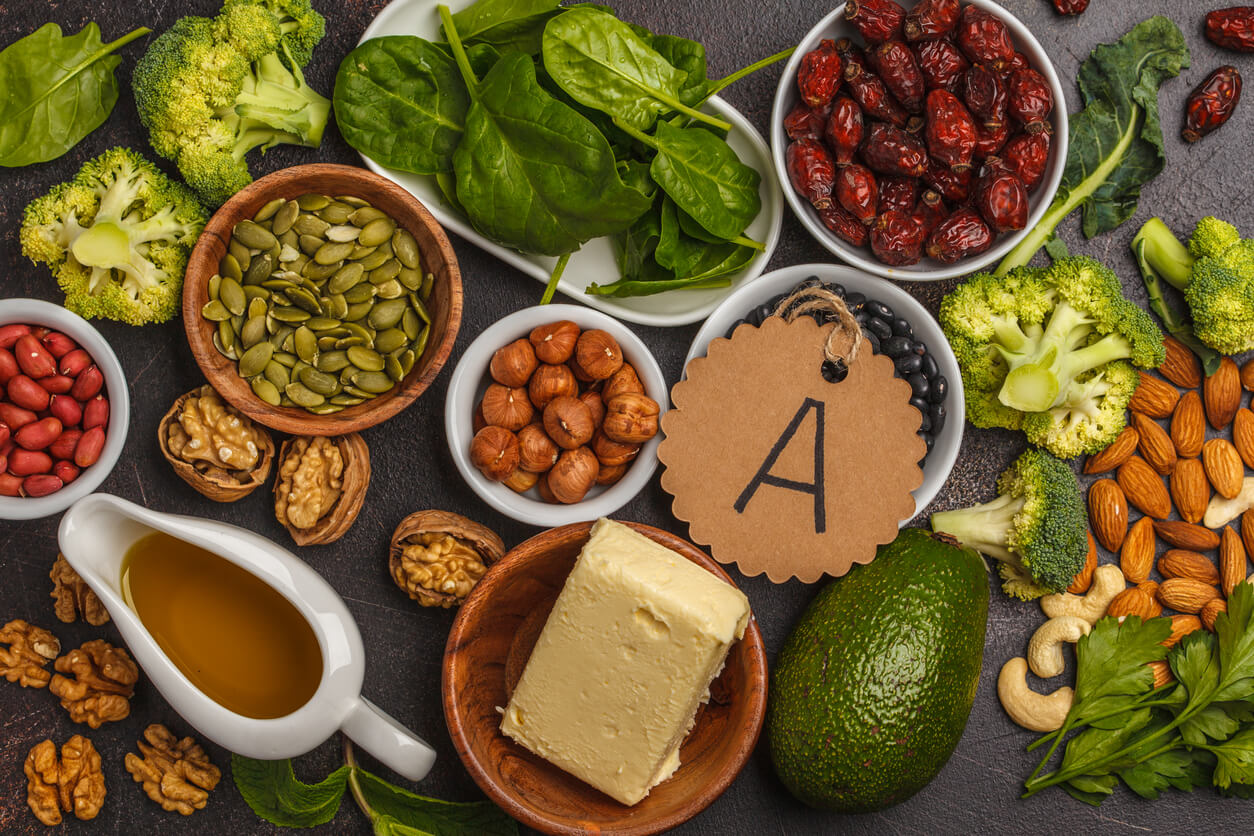 Different healthy foods spread on a table.