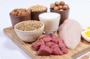 Whole food protein sources including poultry, beef, milk and raw nuts