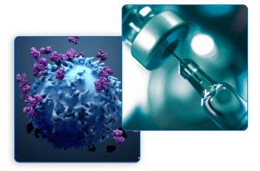 Closeup image of a cancer cell next to an image of a syringe.