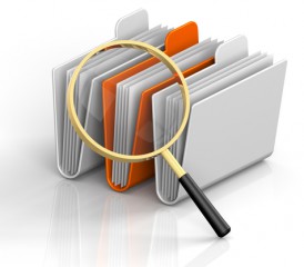 Illustration of magnifying glass over files