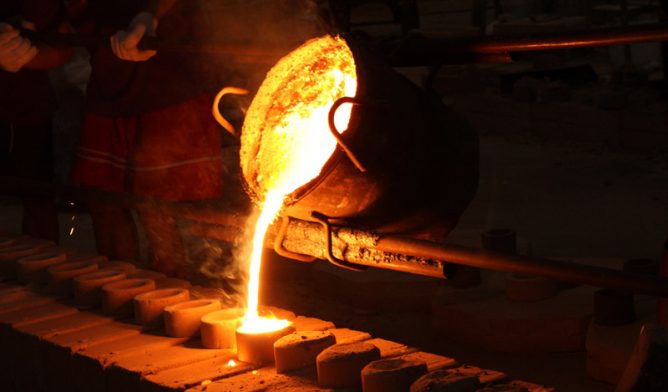 Iron ore casted into a mold