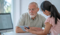 Woman showing male patient iPad