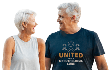 Couple walking together, one wearing the Mesothelioma Center tshirt