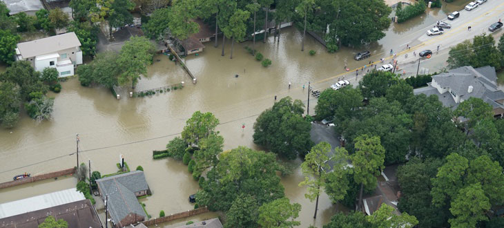 Aerial view of a flooded neighborhood after Hurricane Harvey