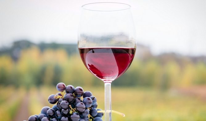 Glass of red wine and bunch of grapes