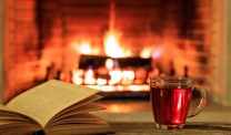 Book and mug of cider in front of a fire