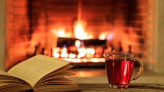 Book and mug of cider in front of a fire