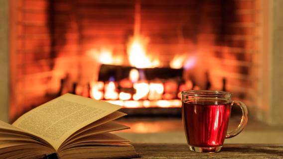 Book and mug of cider in front of a fire