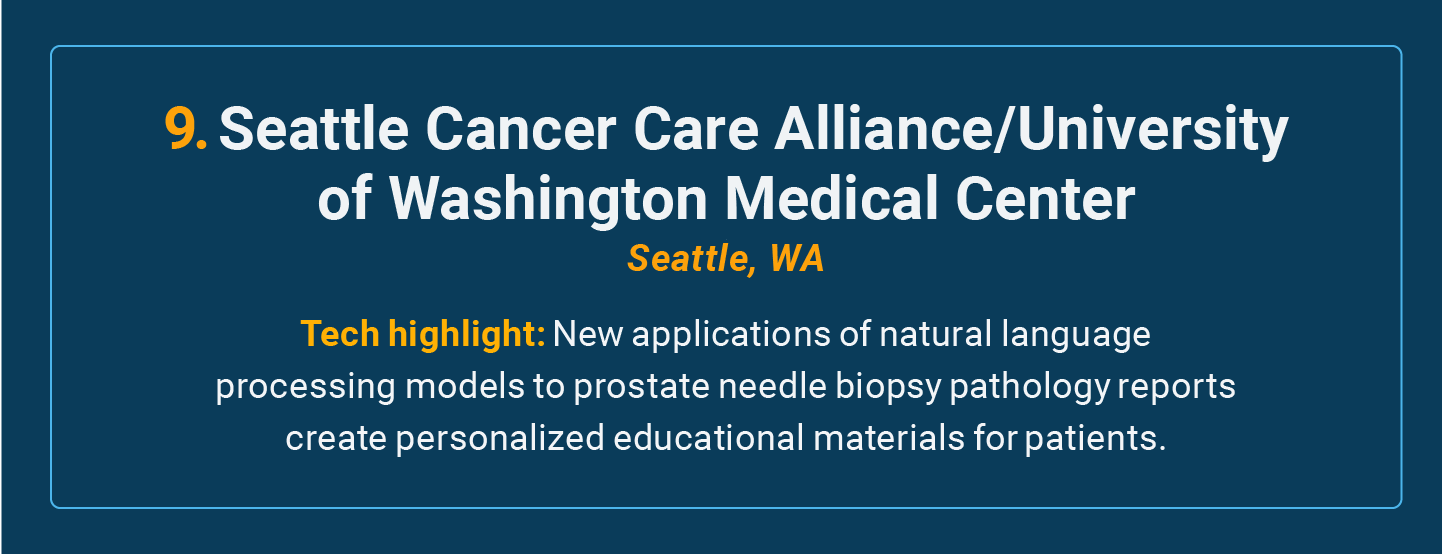 Seattle Cancer Care Alliance/University of Washington Medical Center is the number 9 high-tech cancer hospital in the U.S.