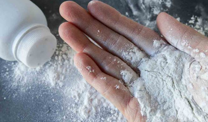 Talcum powder on hands