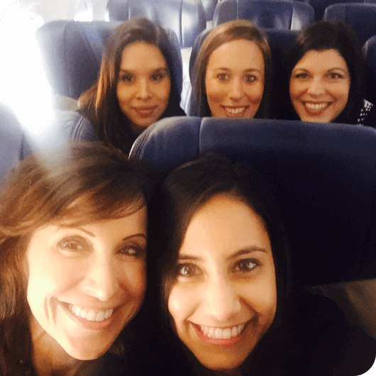 Karen Selby, Snehal Smart, Vanessa Blanco, Danielle DiPietro, and Missy Miller on plane together
