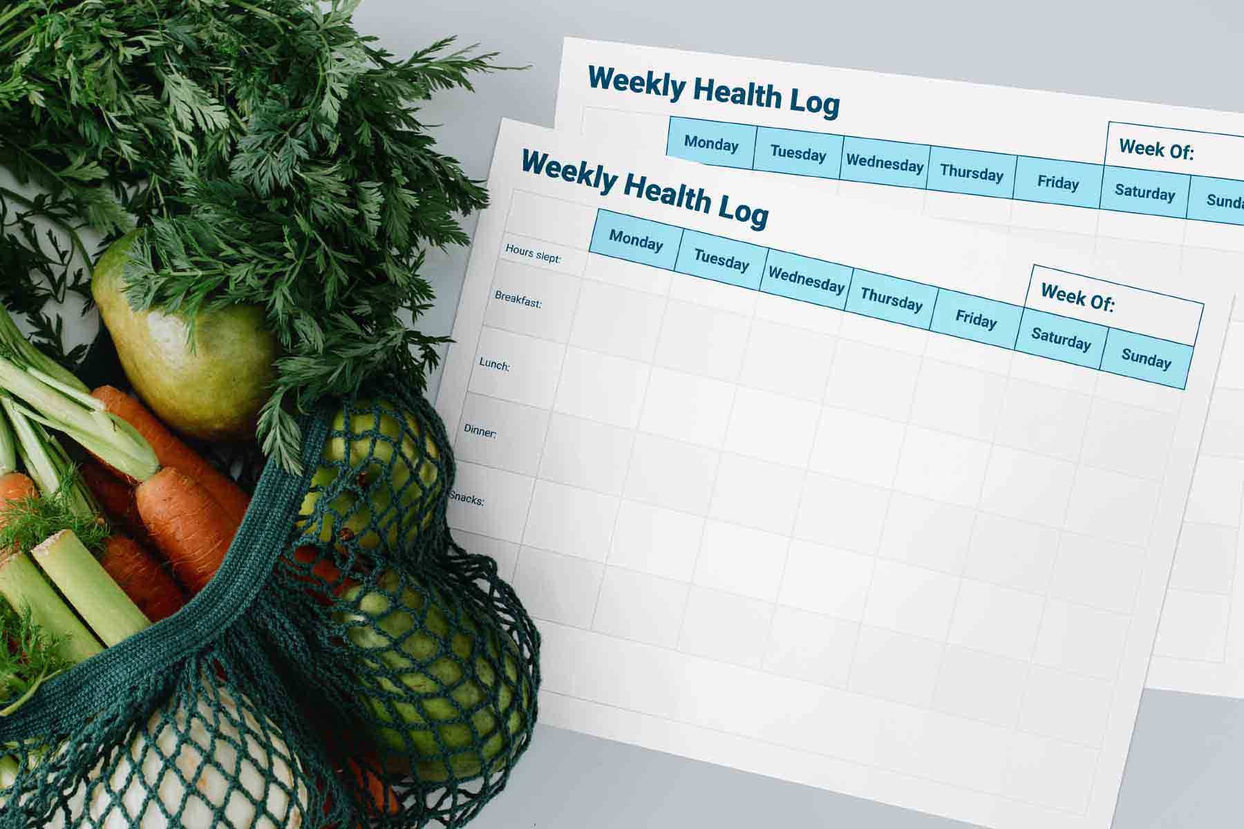 Weekly nutrition log with a bag of vegetables