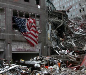 Debris with American flag at World Trade Center after 9/11